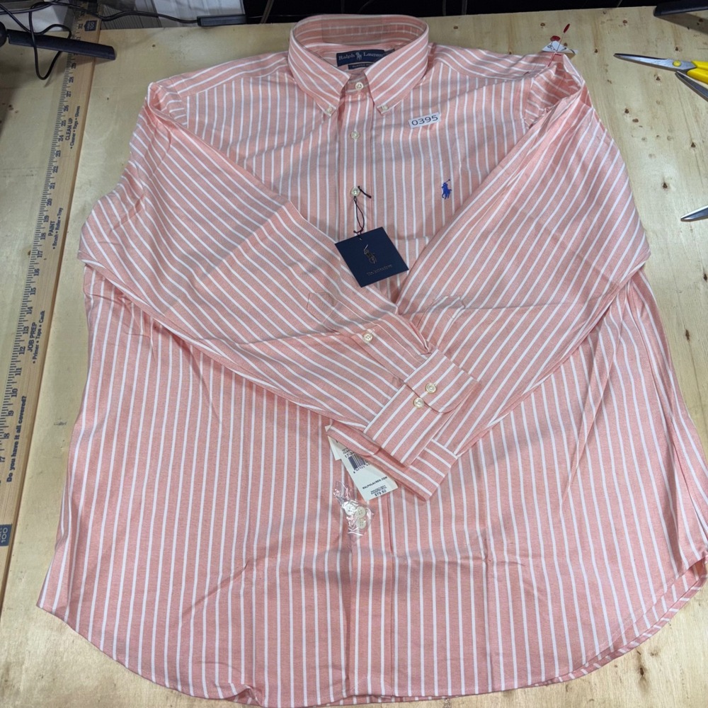 Ralph Lauren Mens Classic Fit Oxford Shirt 17 34/35 Pink White Stripe NWT